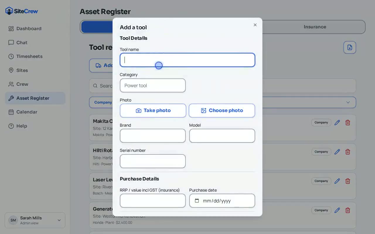 Asset register in SiteCrew