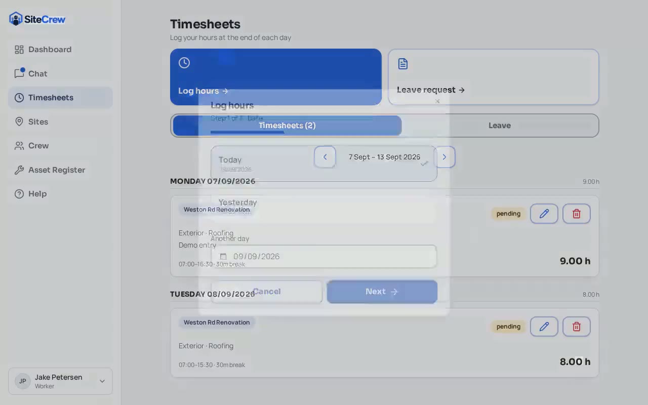 Logging hours in SiteCrew
