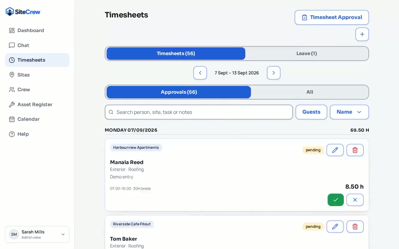 Timesheet approvals in SiteCrew